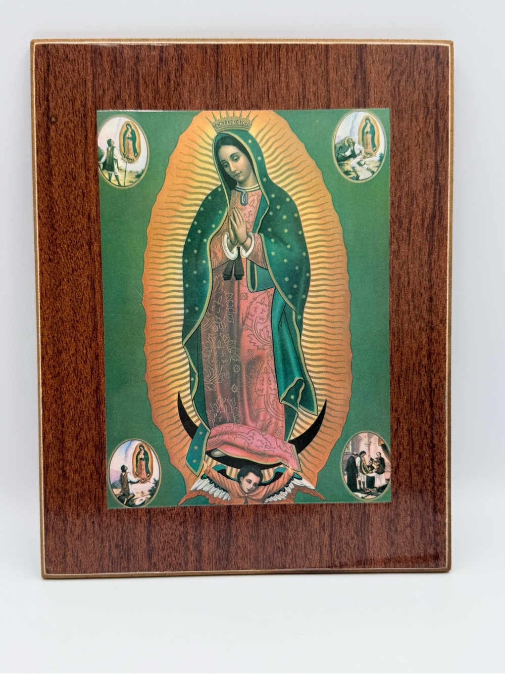 Vintage Our Lady Of Guadalupe Print On Wood Plaque Wall Hanging, Catholic, Old.